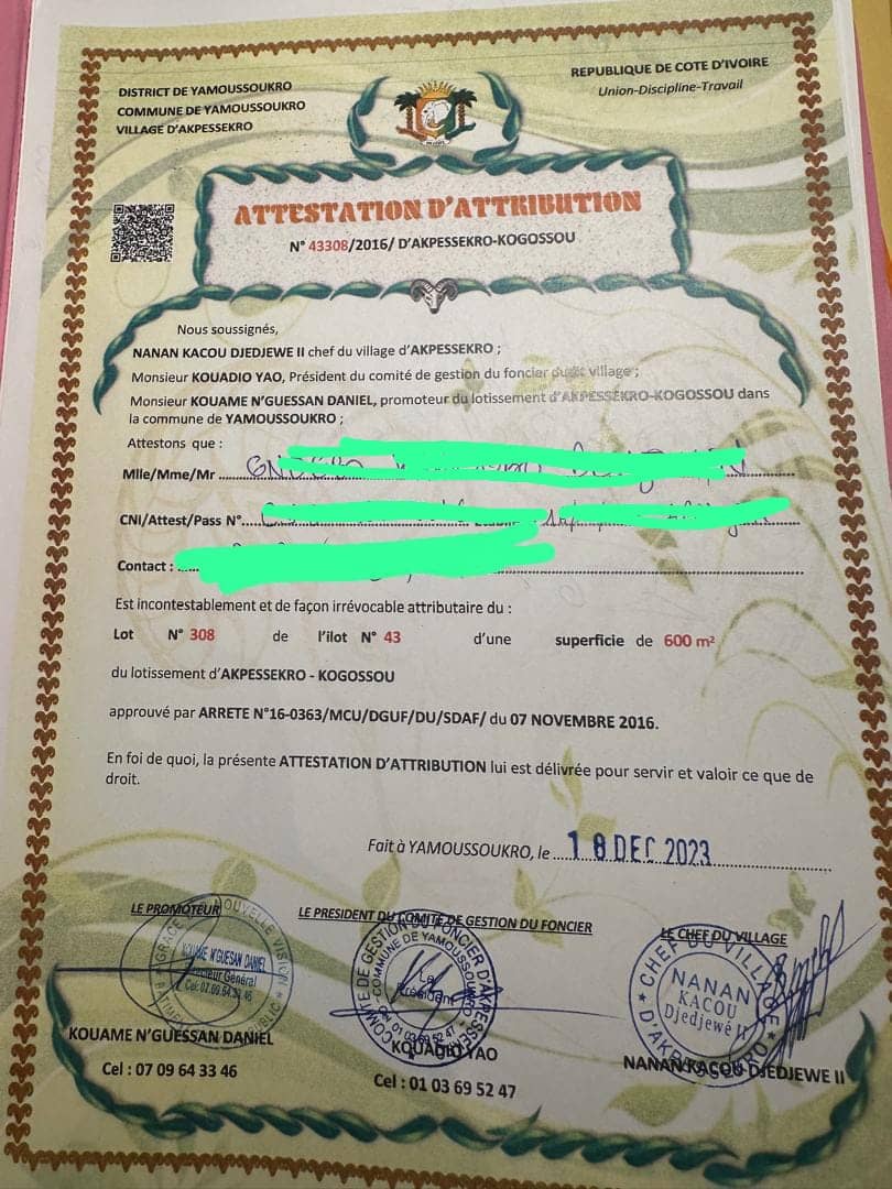 Terrain de 600 m² à vendre à Yamoussoukro Akpessékro