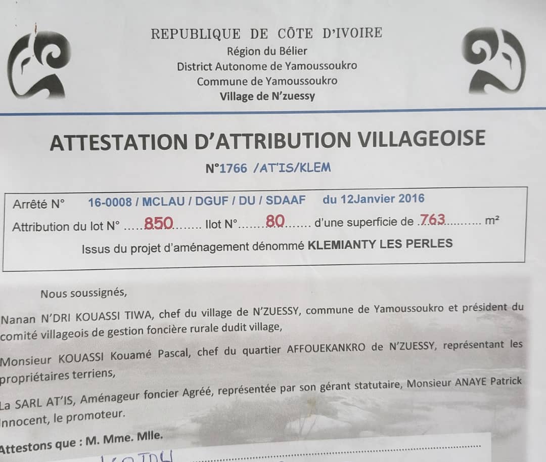 Terrain de 763 m² à vendre à Yamoussoukro (ACD possible)