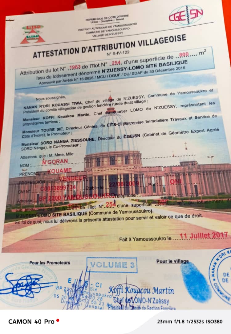 2 terrains de 800 m² à vendre à Yamoussoukro (Basilique Lomo)