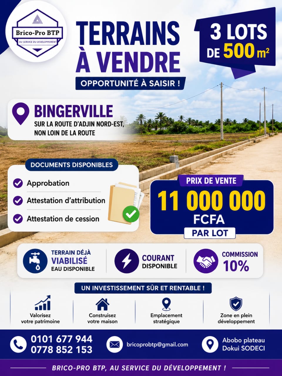 3 terrains de 500 m² à vendre à Bingerville (viabilisés)