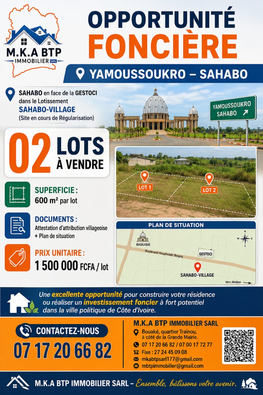 Terrain de 600 m² à vendre à Sahabo (Yamoussoukro)