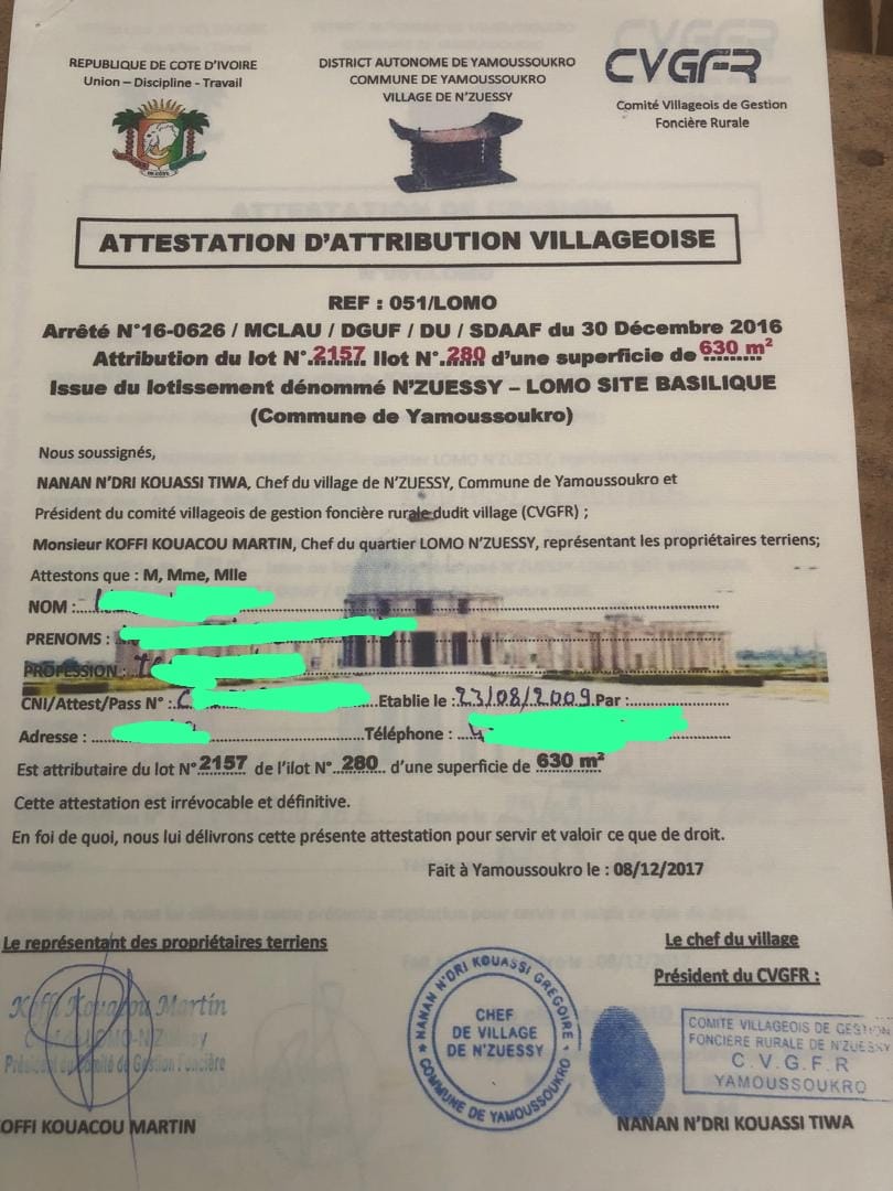 Terrain de 630 m² à vendre à N'Zuéssou (Yamoussoukro)