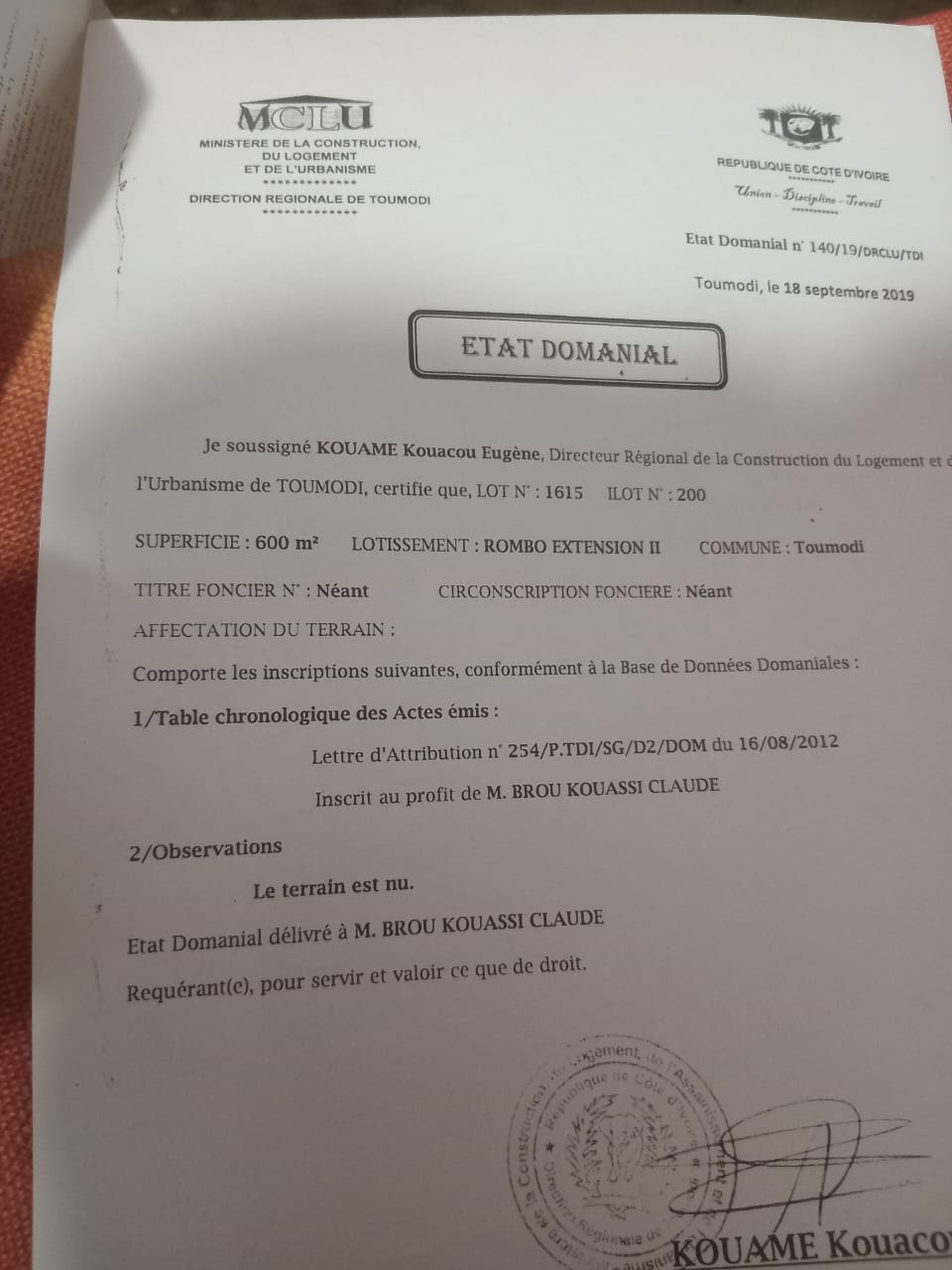 Terrain de 600 m² à vendre derrière le Stade de Toumodi