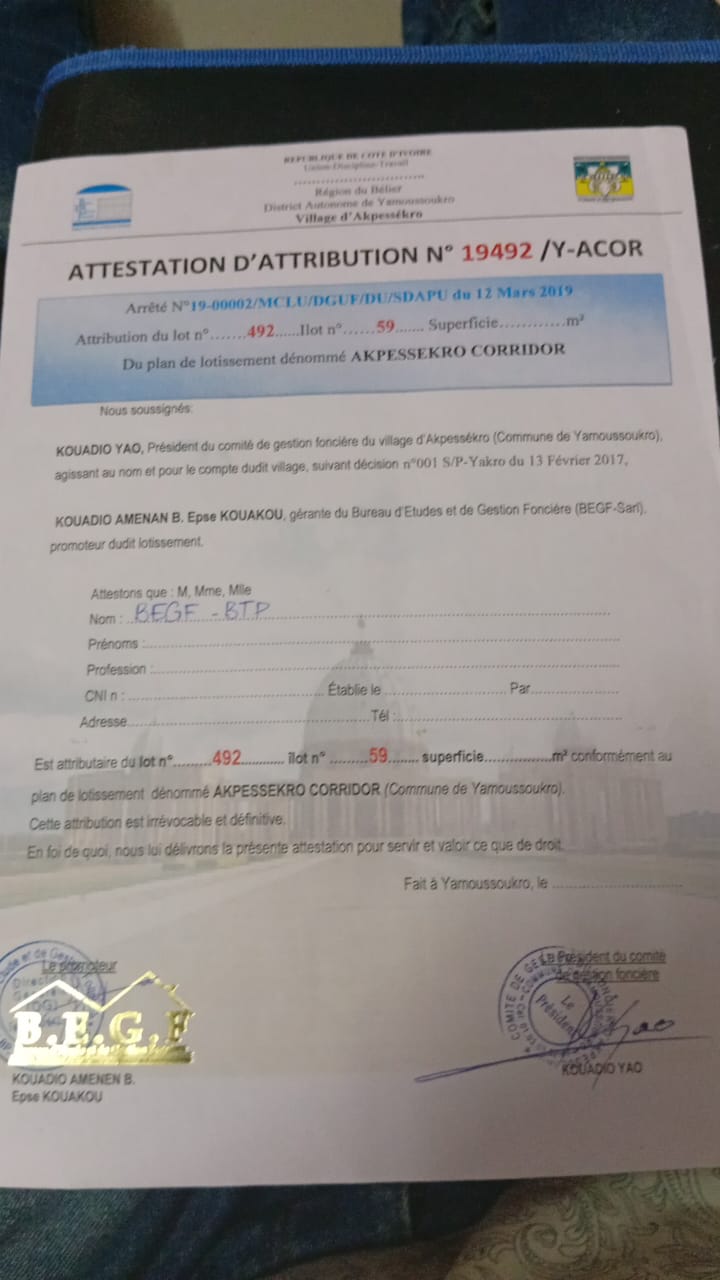 Terrain à vendre à Akpessekro (lotissement approuvé)
