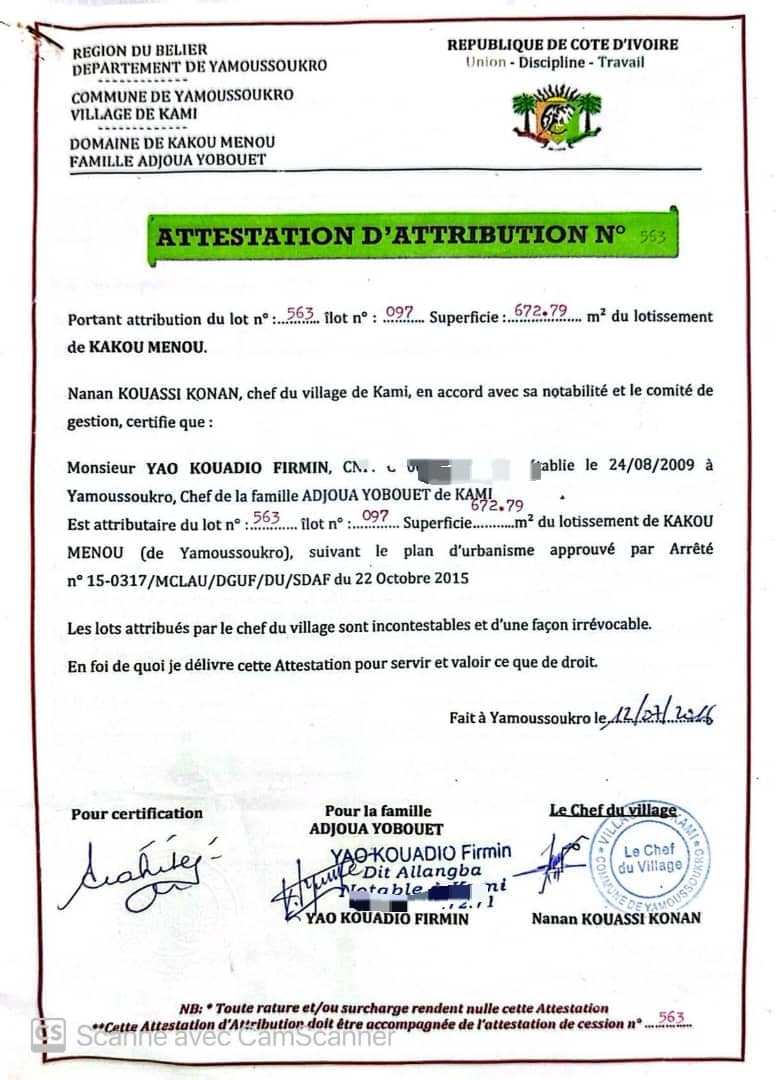 Terrain à vendre à Kami Kakou Menou (lotissement approuvé)