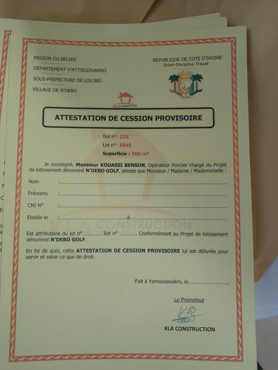 Terrain de 500 m² à vendre à N'Débo Golf (attestation de cession provisoire)