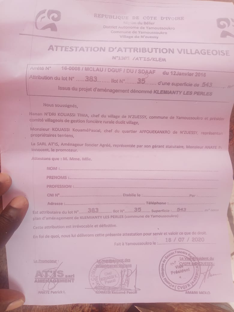Terrain de 543 m² à vendre à Yamoussoukro (Klemienty les Perles)