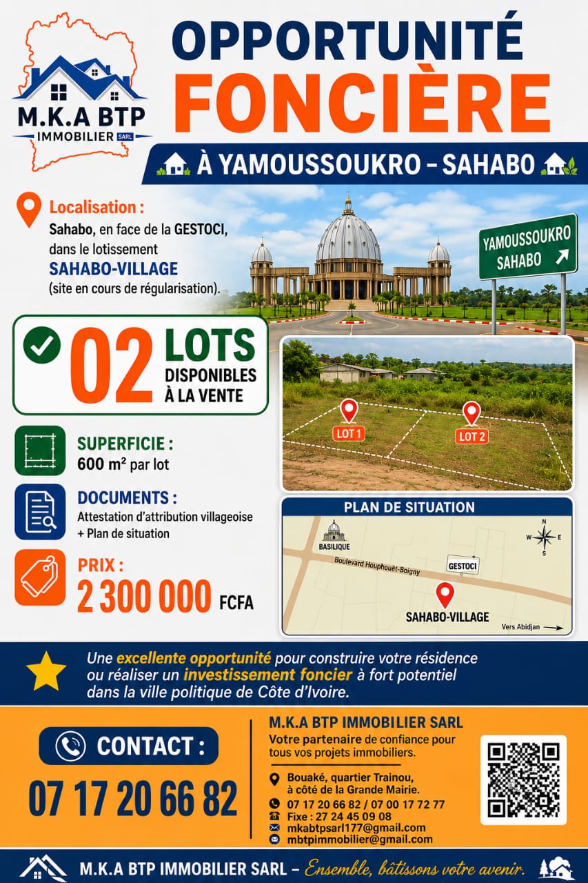 Terrain de 600 m² à vendre à Sahabo (Yamoussoukro)