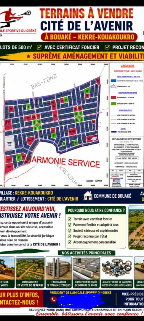 Lots de 500 m² à vendre à Kékré Kouakoukro (Cité de l'Avenir)