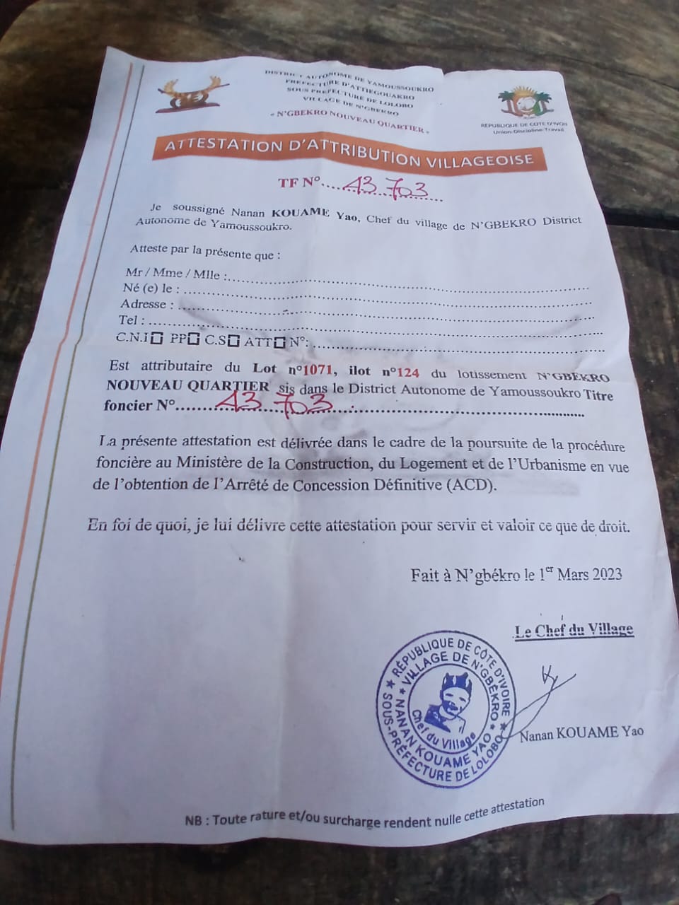 Terrain à vendre à N'gbekro lotissement