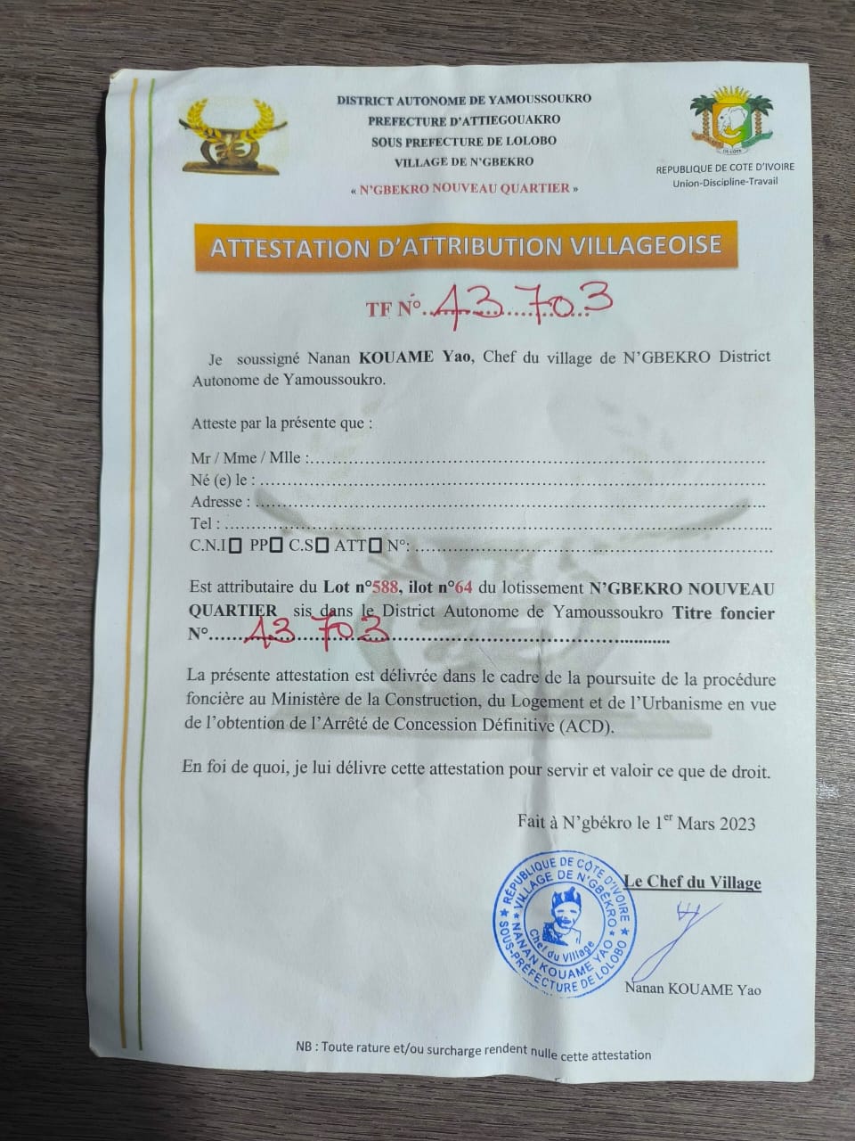 Terrain à vendre à N'Gbekro avec titre foncier