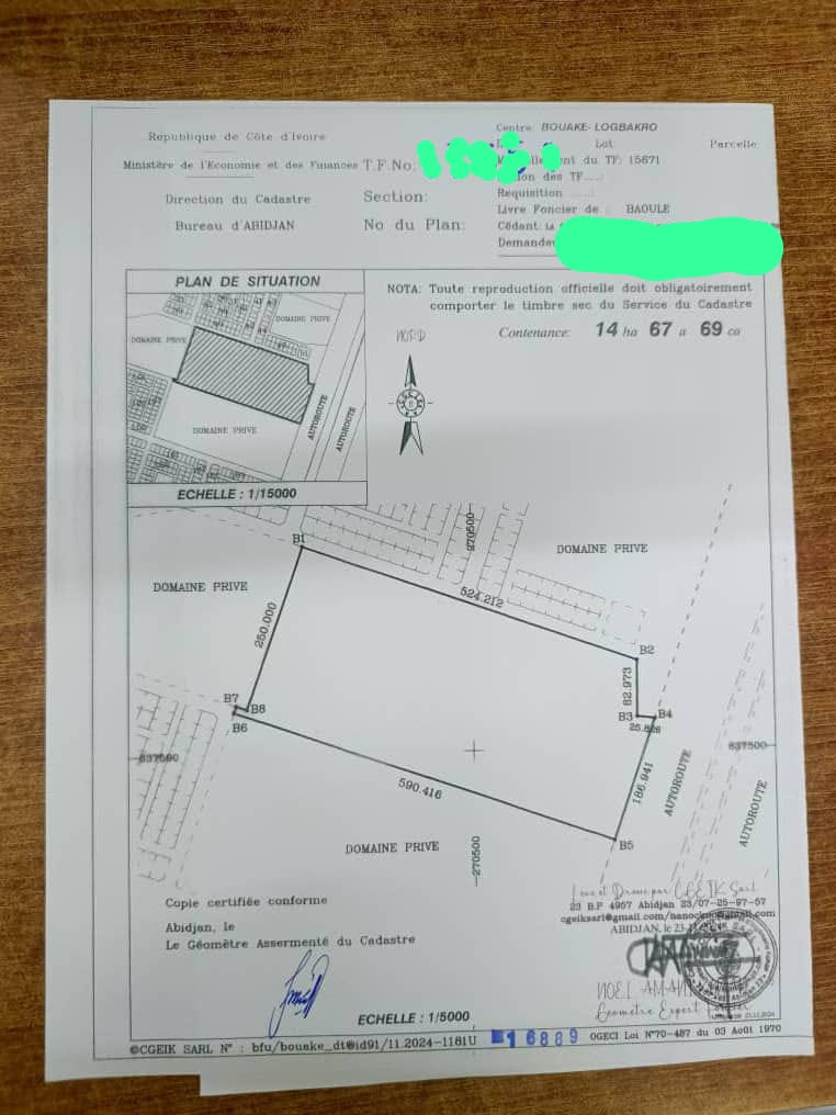 Terrain de 14 ha à vendre à Bouaké (ACD disponible)