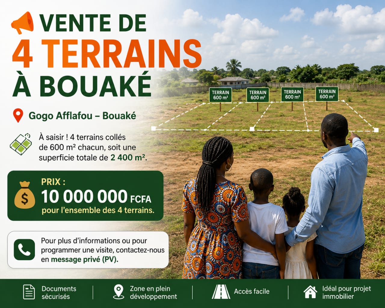 4 terrains XXL de 600 m² chacun à vendre à Gogo Afflafou