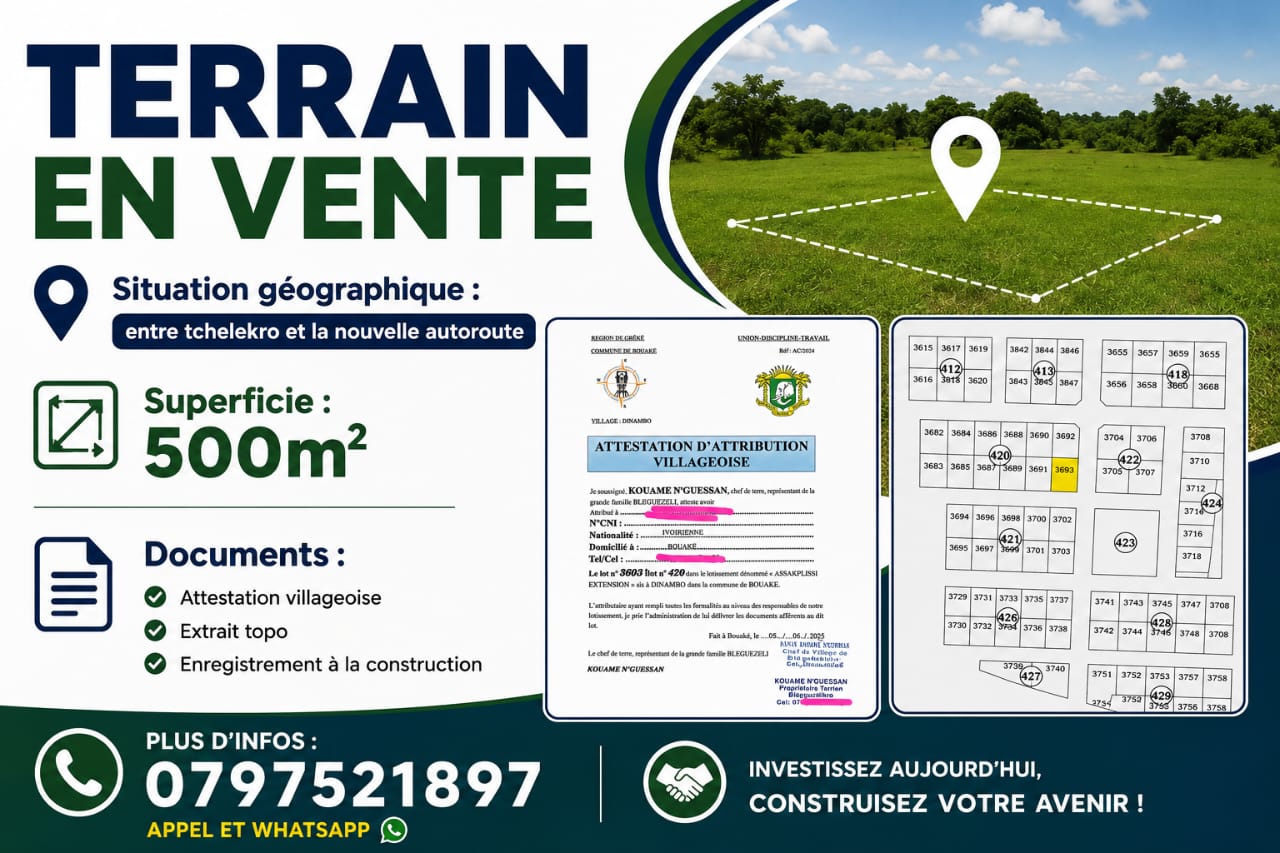 Terrain de 500 m² à vendre à Tchèlèkro (attestation villageoise) 2