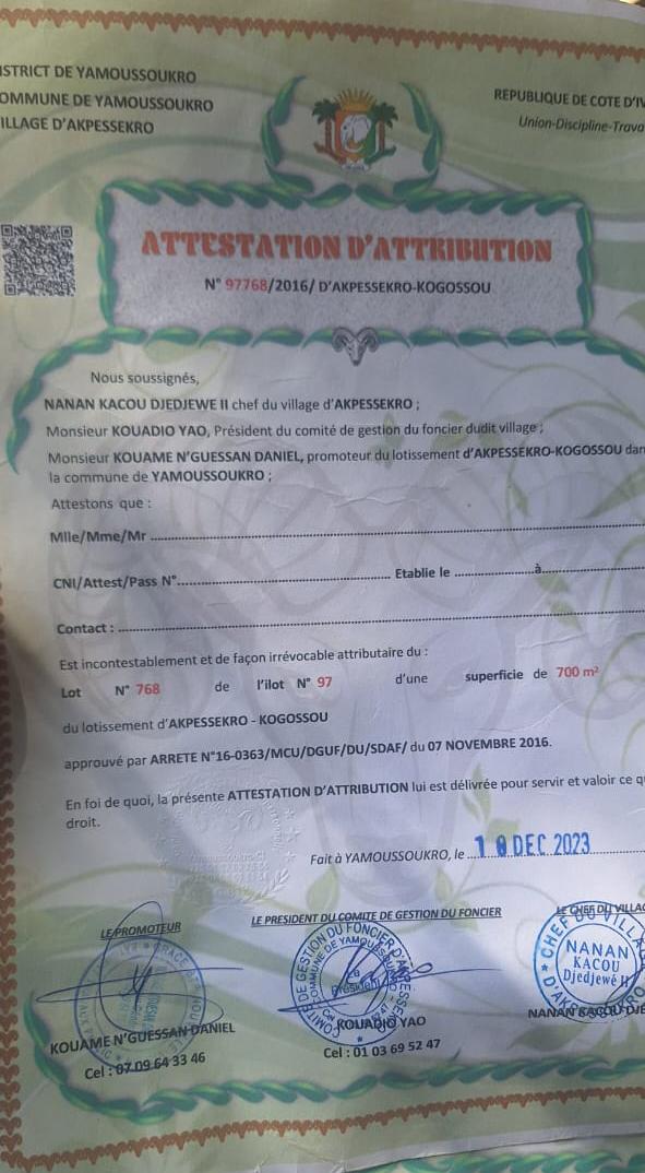 Terrain de 700 m² à vendre à Akpessekro (lotissement Kogossou)