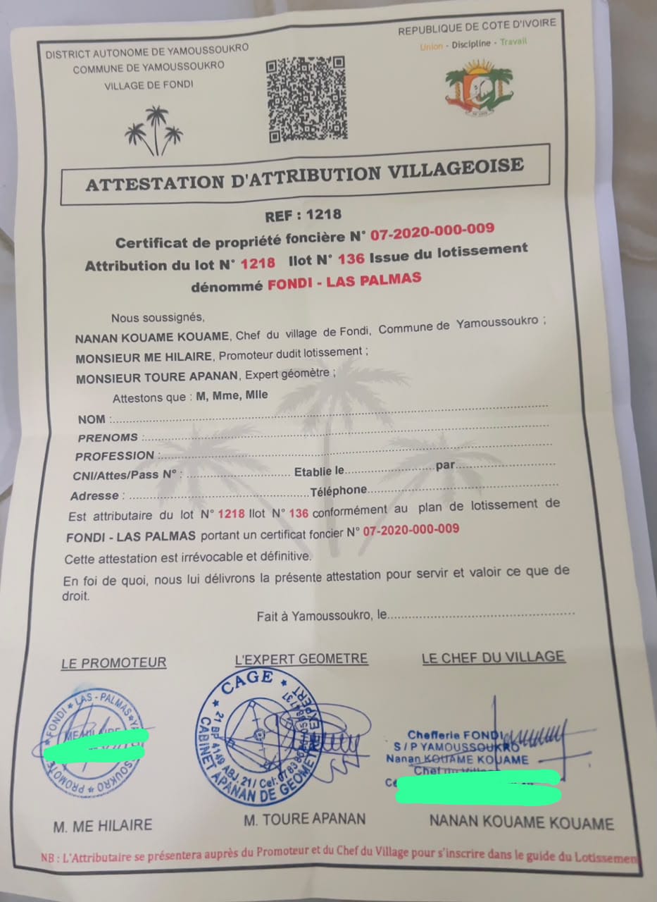 Terrain de 800 m² à vendre à Fondi (Yamoussoukro)