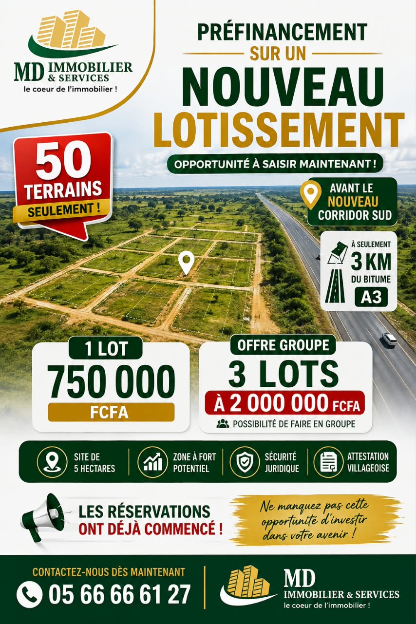 Terrain en préfinancement à Bouaké — 750 000 FCFA le lot